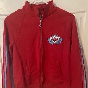 Vintage Roxy Red Zip-Up Hoodie with Blue Accent Stripes